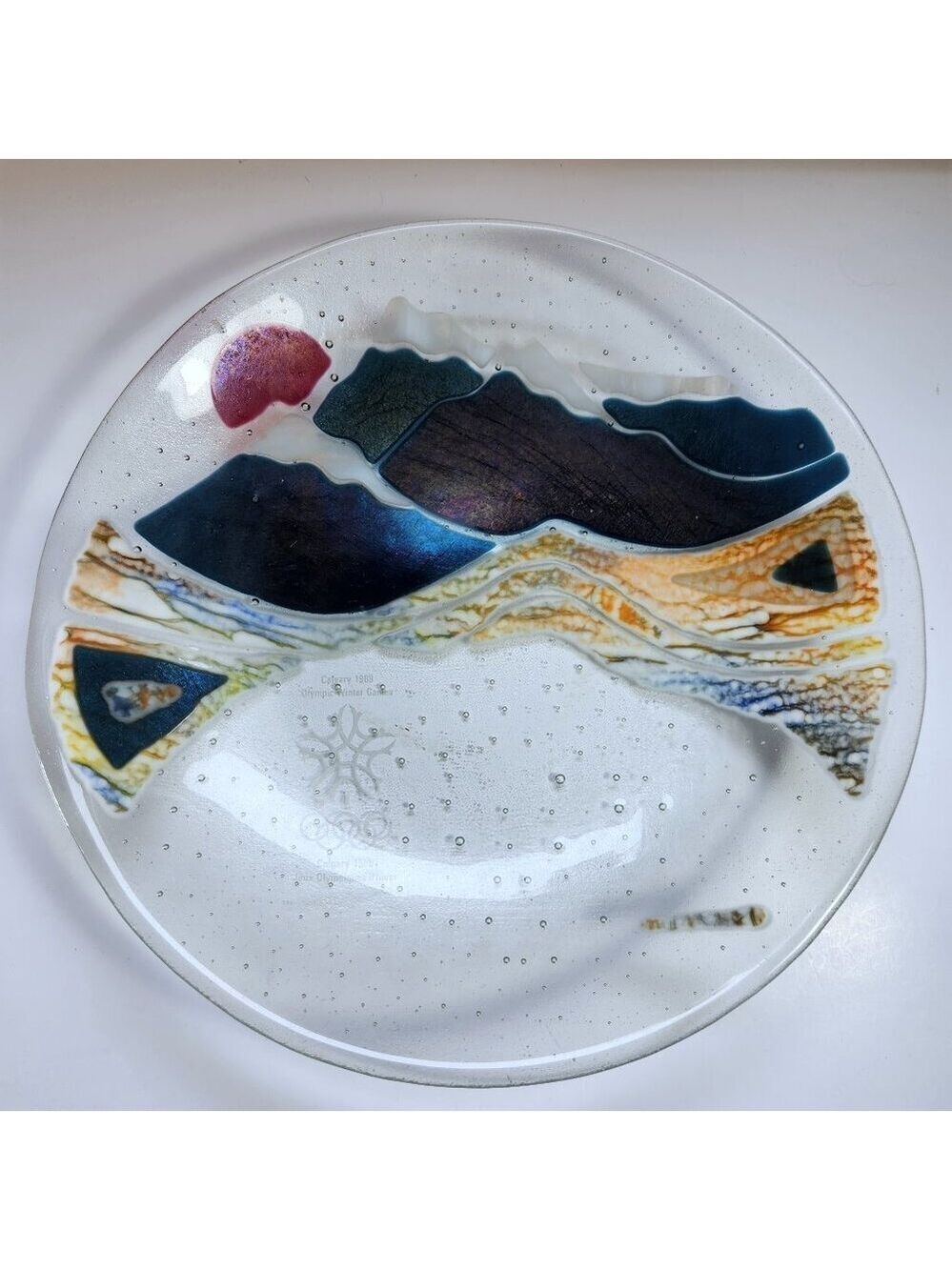 Vintage Hand Painted Glass Plate Calgary Olympic Style Art • 13” Decorative